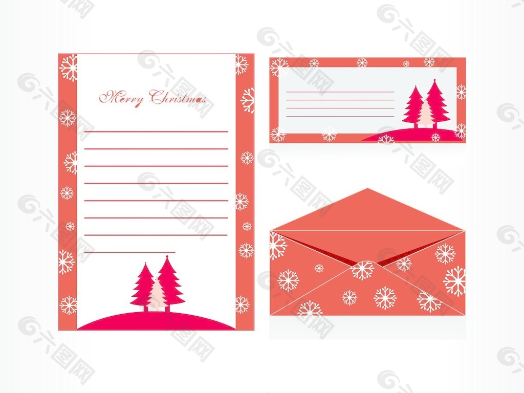 在红色的树和雪的圣诞节信封和信纸