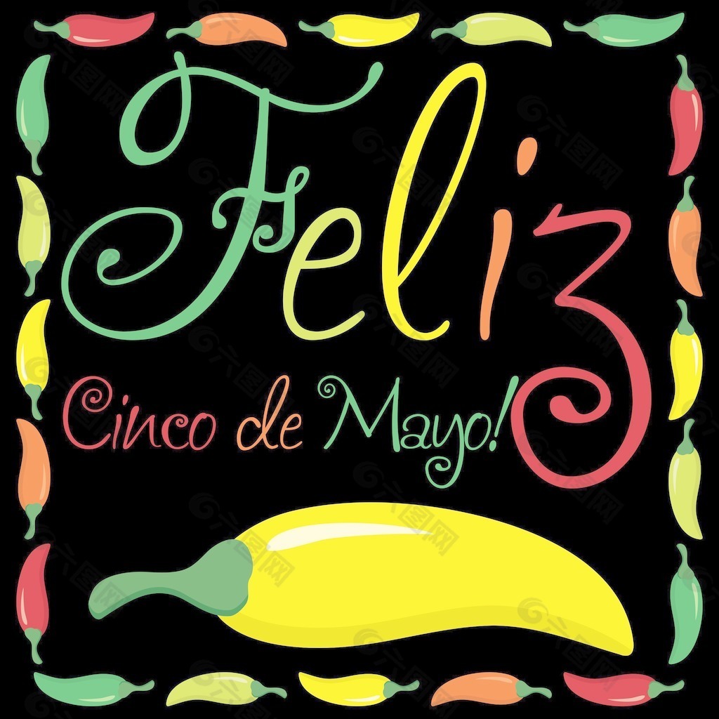 Feliz Cinco de Mayo（幸福5月第五）矢量格式的辣椒卡