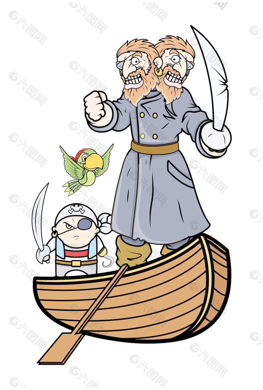 海盗船长和船上的团队-卡通插画矢量