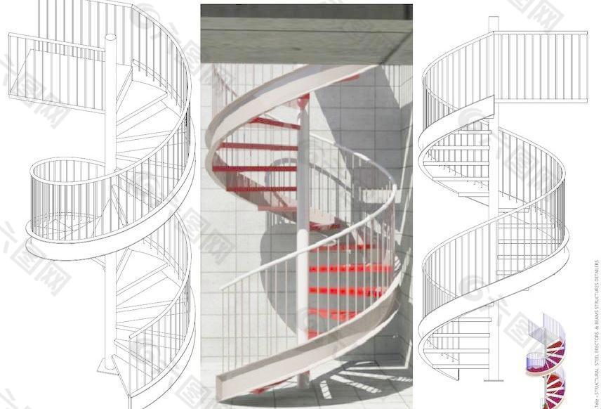 螺旋钢楼梯剖面的2D-3D和渲染