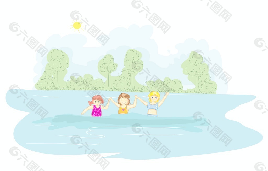 在水的矢量插图的小女孩