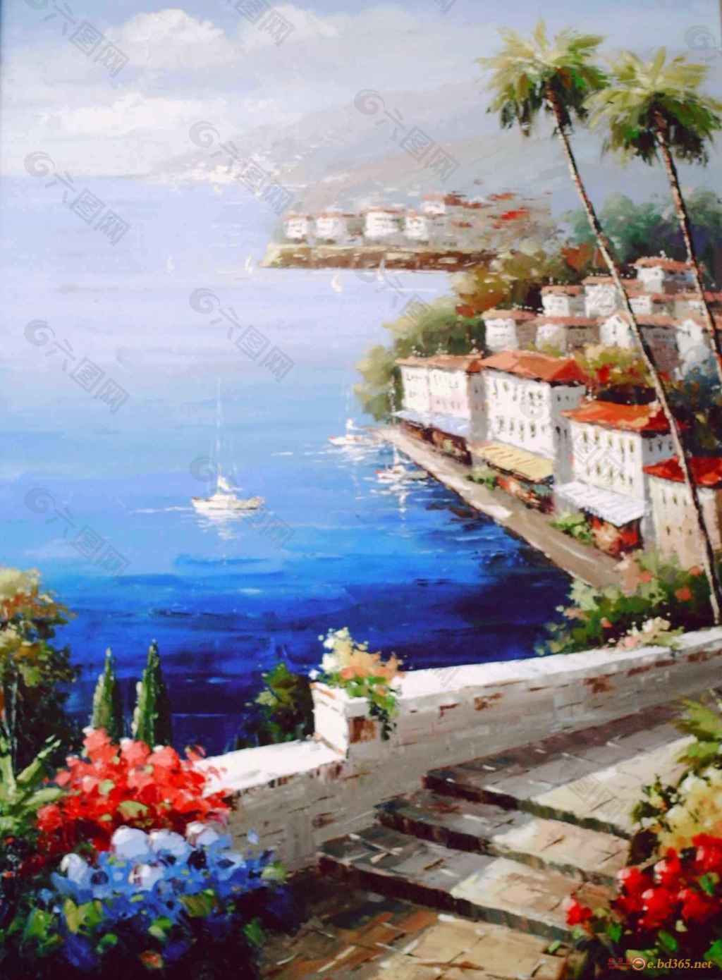 海边别墅风景油画