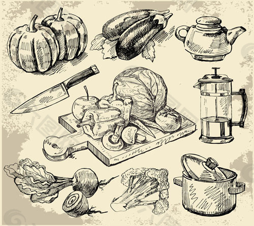 素描厨房用品切菜