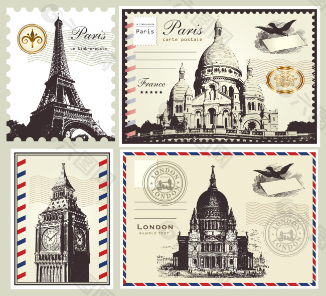 矢量素材著名建筑邮票