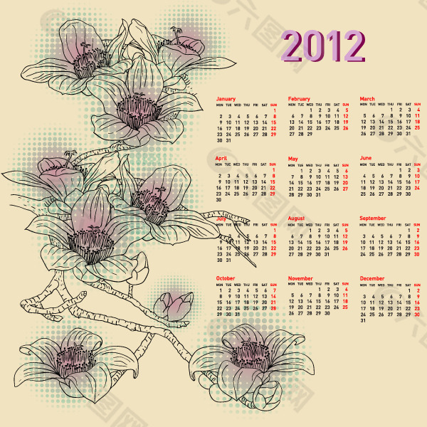 矢量素材花卉线稿2012年历模板