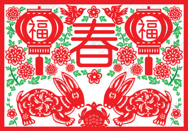 矢量兔年新年中国风剪纸