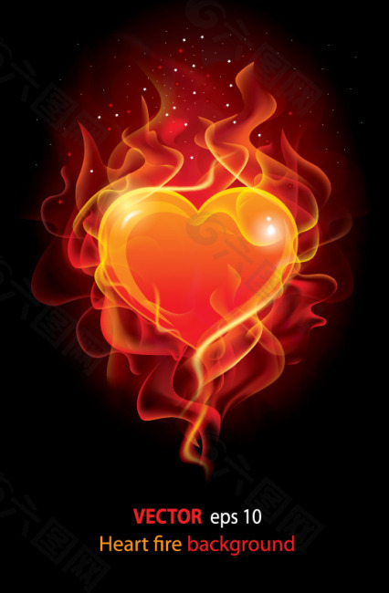 矢量素材烈火中的红心背景