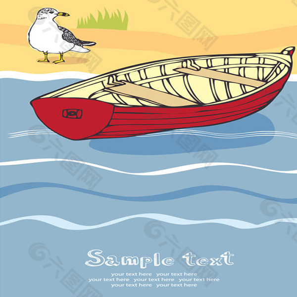 卡通海滩木船插画