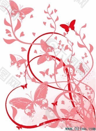 红色花卉花纹与蝴蝶