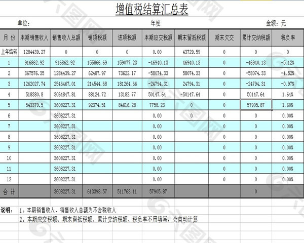 结算汇总表格模版