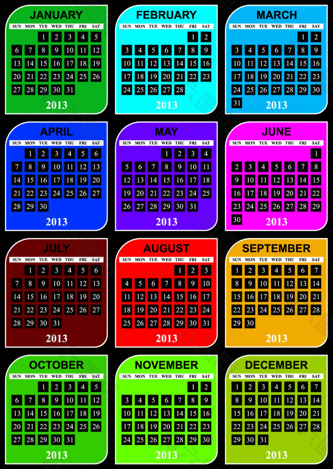 多彩方格日历矢量模板素材免费下载(图片编号:2385404)