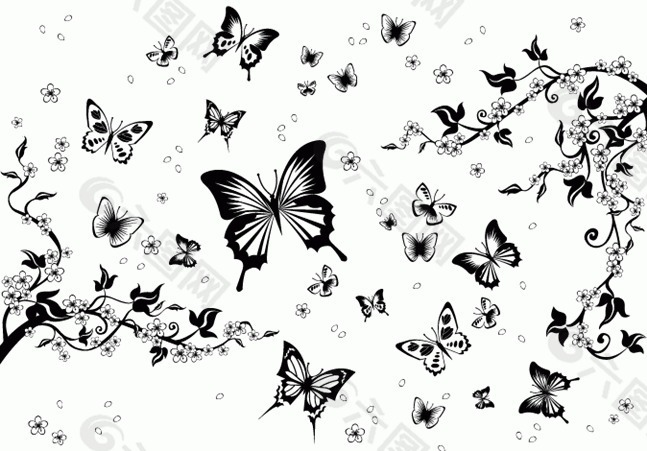 黑白蝴蝶花纹矢量素材