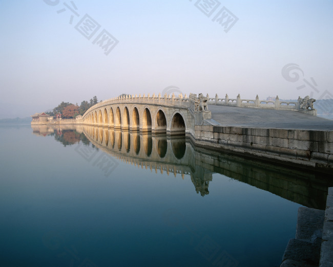 北京皇家园林颐和园上长桥到湖中央