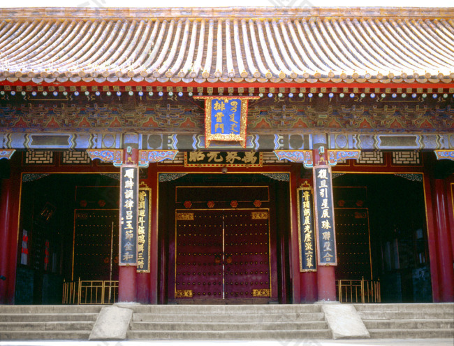 明清建筑庭院宫殿大门正面抱柱设计宫廷彩绘