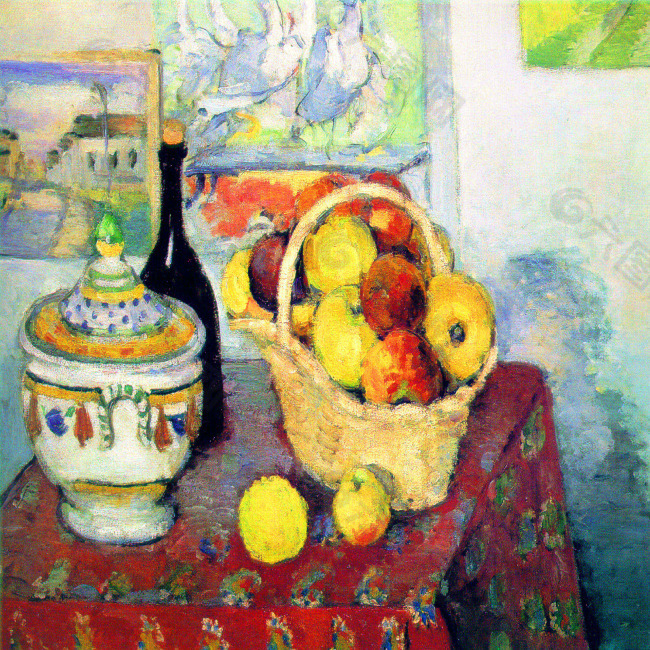 油画桌子上的水果篮和糖果罐