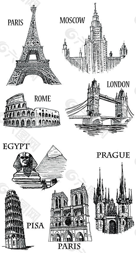 世界著名旅游景点素描矢量素材