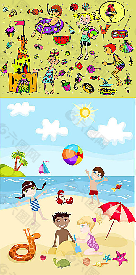卡通小孩夏日海滩矢量素材