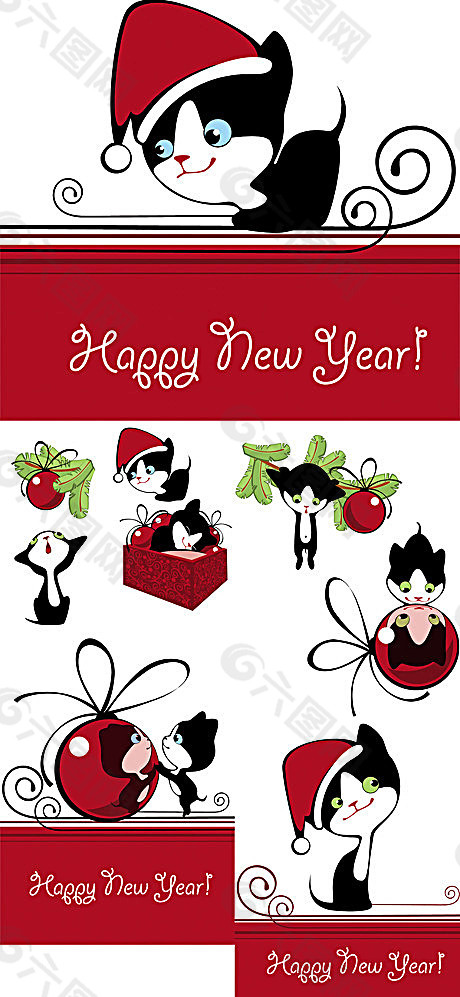 可爱卡通黑猫新年祝福矢量素材