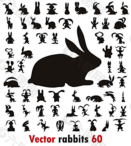 卡通兔子黑色剪影矢量素材