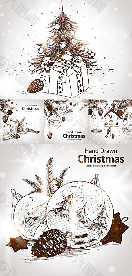 素描手绘效果圣诞背景矢量素材（一）