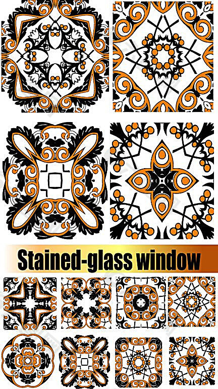 多款古典彩色玻璃窗装饰纹样矢量素材