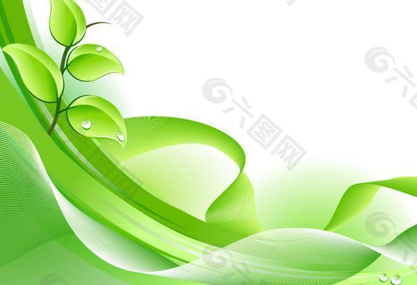 绿色 环保 动感线条 树叶 绿叶 水珠 花蕾 波浪线 花纹 背景 矢量素材图片