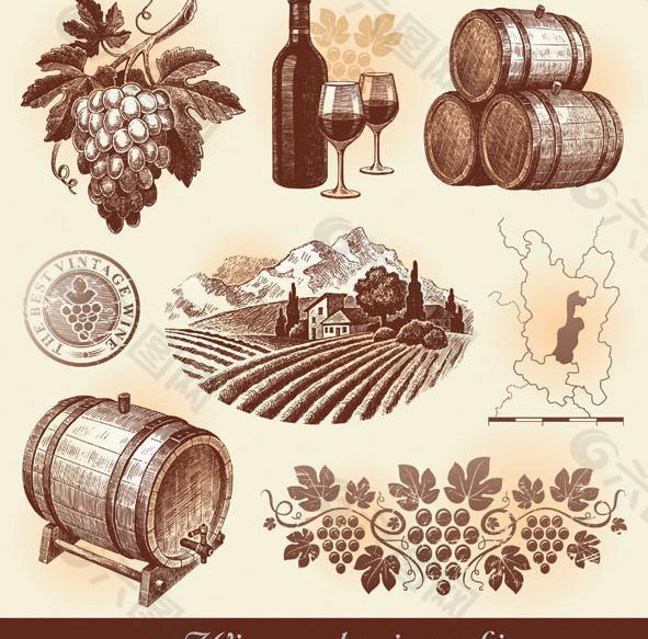 手绘葡萄和葡萄庄园用品矢量素材图片
