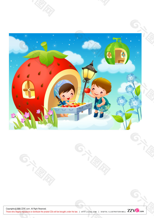 卡通画—草莓房屋前买卖水果的男孩女孩