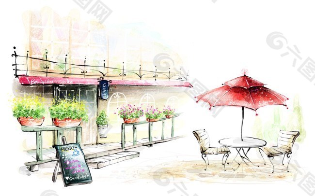 韩风手绘水彩插画街景咖啡厅