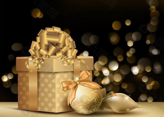 金色礼盒圣诞球 圣诞背景图片
