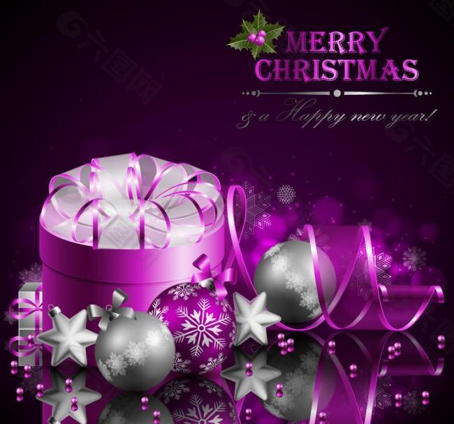 紫色礼盒圣诞球圣诞背景图片