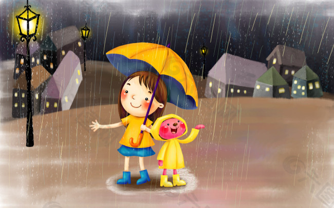 打着伞淋雨小女孩