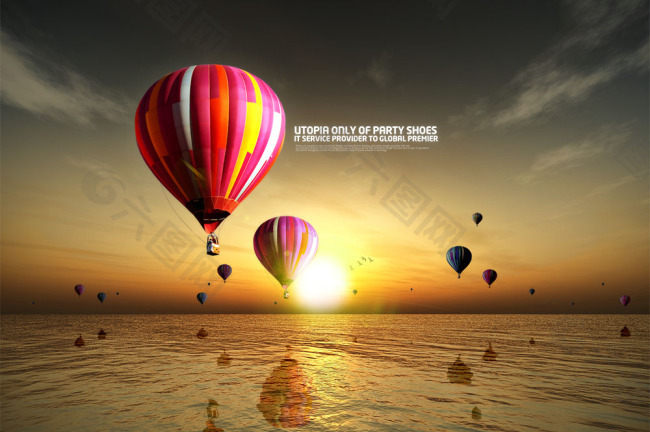日落风景图片 热气球PSD素材