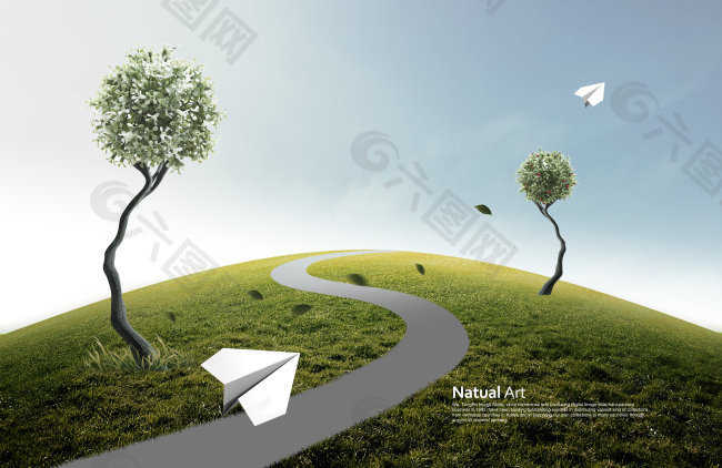 草地上的道路树木和纸飞机