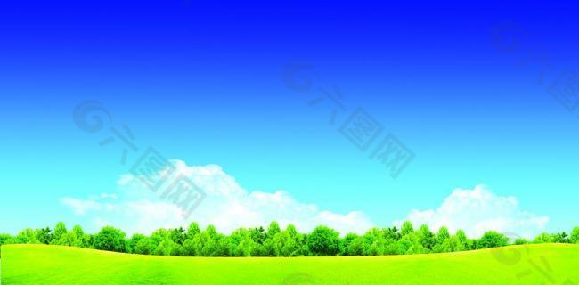 高清晰度蓝天白云草地树木大图图片