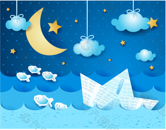 月光 小船 蓝色背景 卡通