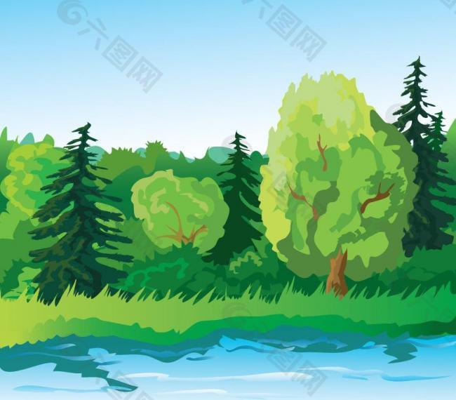 卡通绿树湖水图片