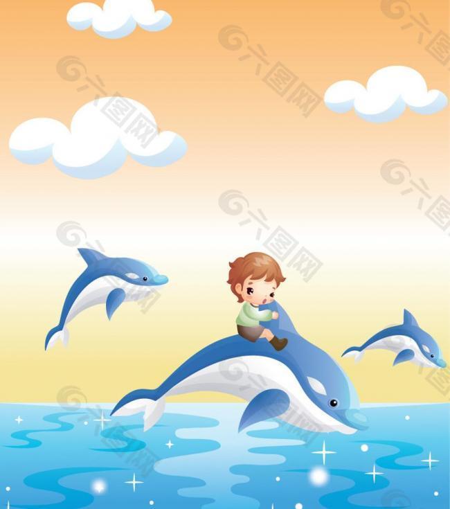 骑海豚的男孩图片