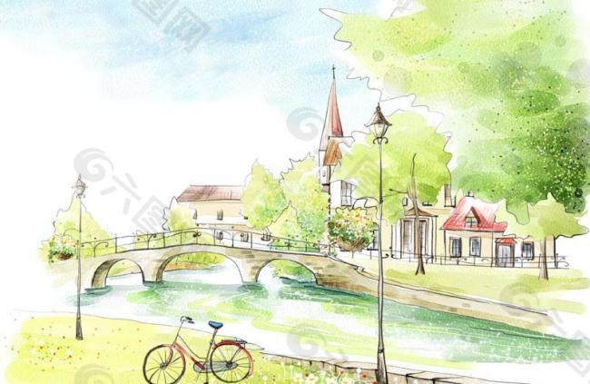 水彩风景插画图片