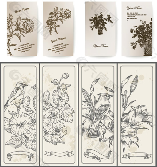 手绘花鸟线稿卡片矢量素材