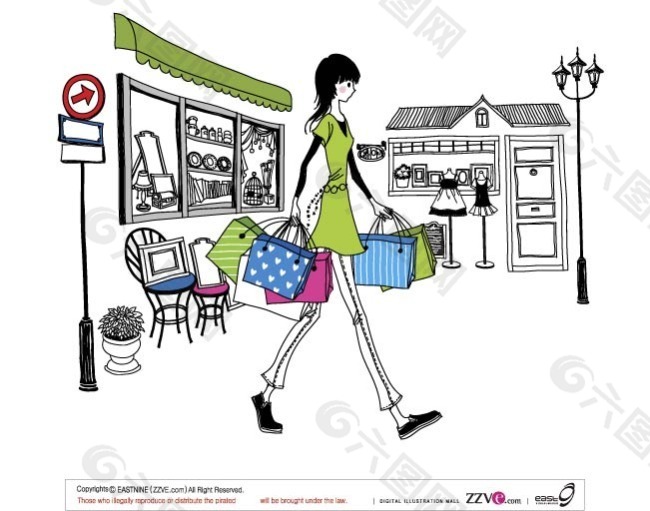 韩国手绘时尚女性生活卡通矢量图——购物