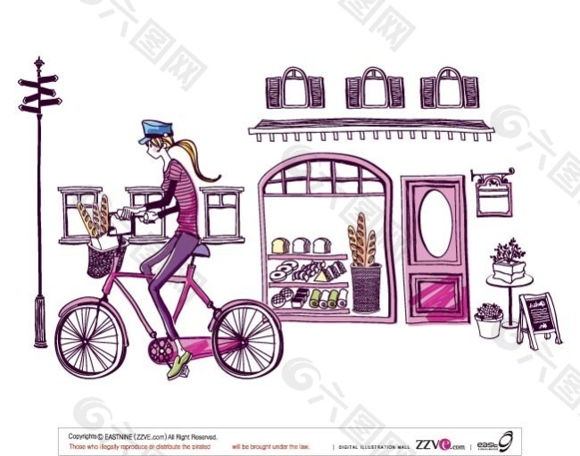 韩国手绘时尚女性生活卡通—踩单车