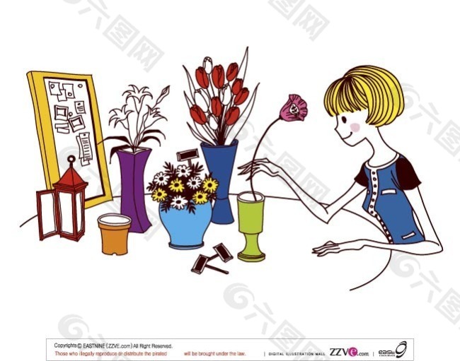 韩国手绘时尚女性生活卡通—插花