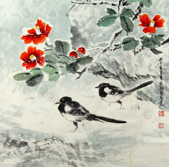 中国画《瑞雪山茶》