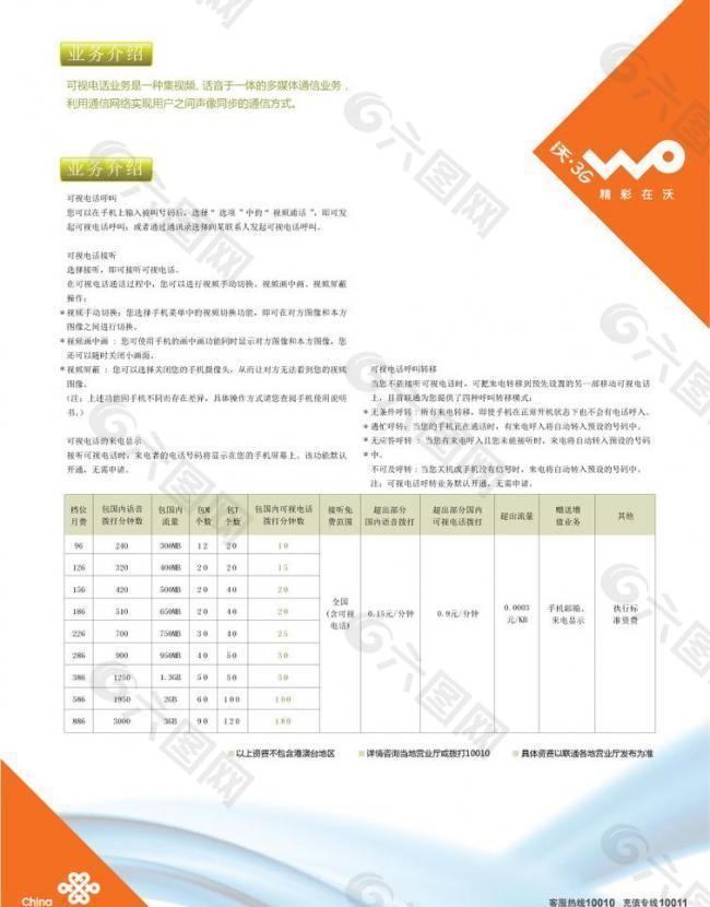 联通3g可视电话单页北面图片