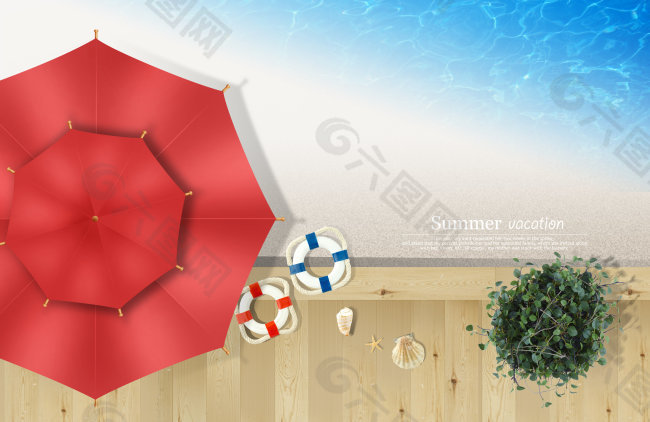 木板旁的红色遮阳伞和救生圈