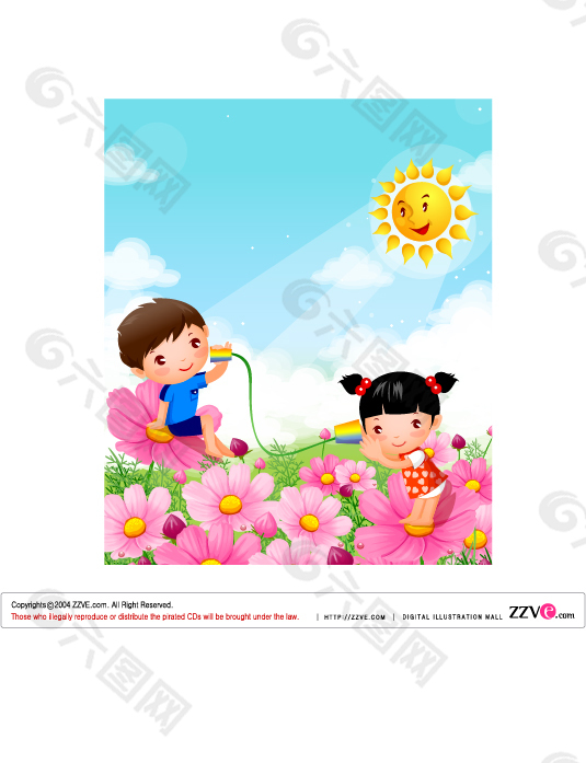 男孩和女孩在花朵上传话