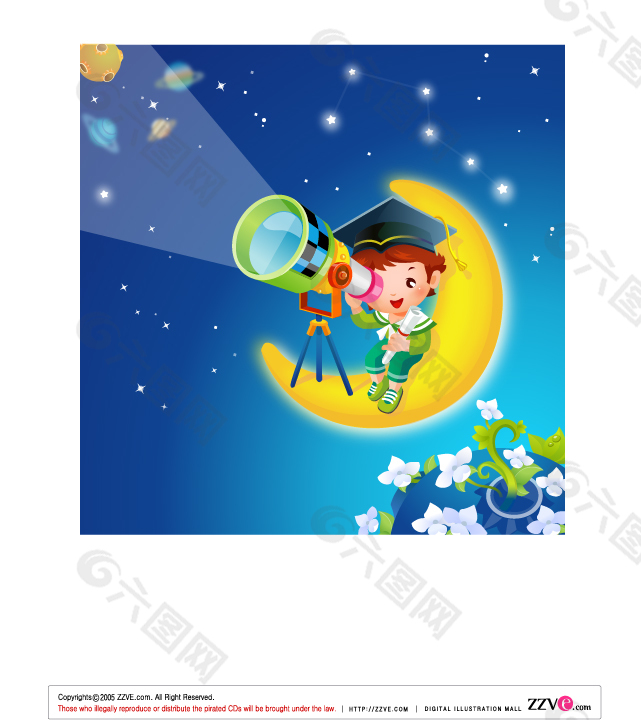 小男孩在月亮上用望眼镜看星空