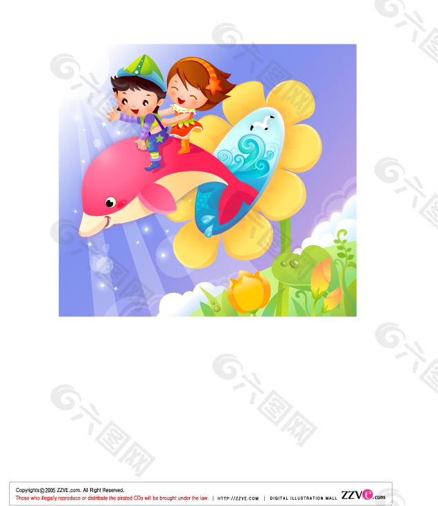男孩和女孩骑着海豚玩耍