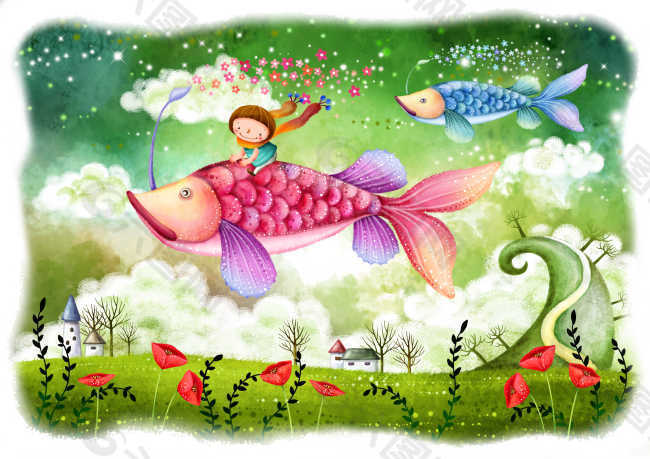 草地上的红花和小鱼女孩
